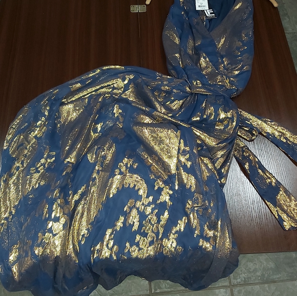 LESLIE FAY Women's Blue With Gold Metallic Maxi Dress Size 10